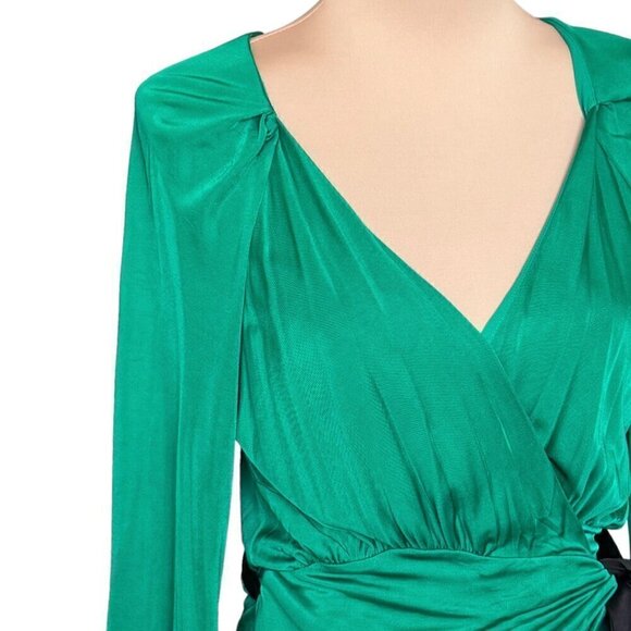 Diane von Furstenberg  Wrap Top Sz.M Green Sash Black Belt Bow Long Sleeve - Picture 6 of 16